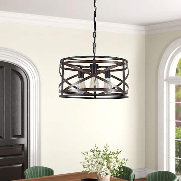 18.3 in. 3-Light Black and Walnut Drum Industrial Chandelier with Metal Cage Shades for Kitchen Island
