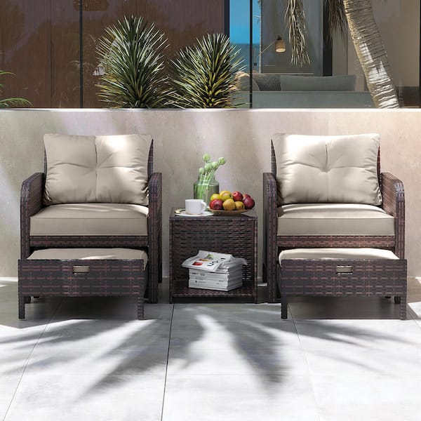 5-Piece Wicker Lounge Chair Outdoor Rattan Patio Conversation Set with Ottoman and Beige Soft Cushions