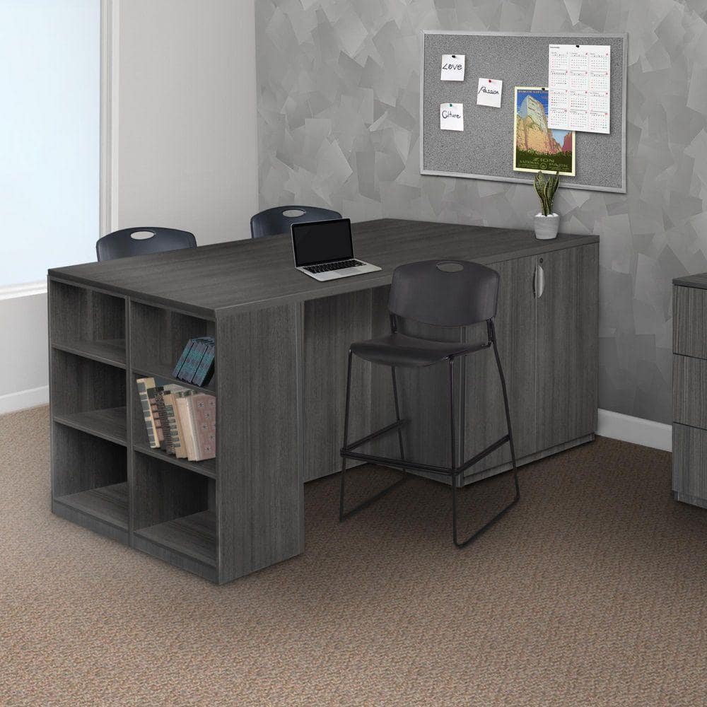 Legacy 85 in. Ash Grey Stand Up Storage Cabinet/ 3 Desk Quad with Bookcase End