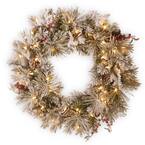 30 in. Artificial Snowy Bedford Pine Wreath with Battery Operated LED Lights