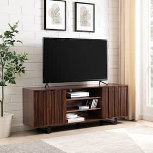 60 in. Dark Walnut Wood and Metal Modern Striped TV Stand with 2-Doors for TVs Up to 65 in.