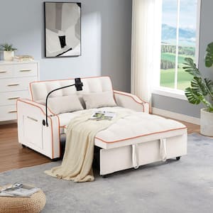 70.6 in. W Beige Velvet 2 Seats Rectangle Foldable Sofa Bed with Adjustable Back and USB Port