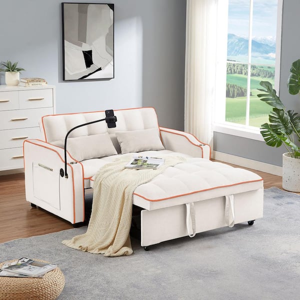 J&E Home 70.6 in. W Beige Velvet 2 Seats Rectangle Foldable Sofa Bed with Adjustable Back and USB Port