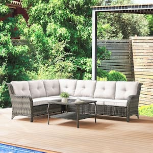 3-Piece Gray Wicker Outdoor Sectional Set with Olefin Beige Cushions and L-Shaped Sofa/Coffee Table