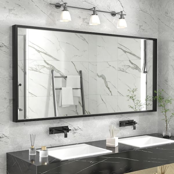 60 in. W x 28 in. H Rectangular Aluminum Alloy Framed and Tempered Glass Wall Bathroom Vanity Mirror in Matte Black