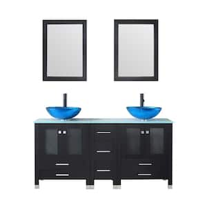 60 in. W x 21.5 in. D x 61 in. H Double Sinks Bath Vanity in Black with Glass Top and Mirror