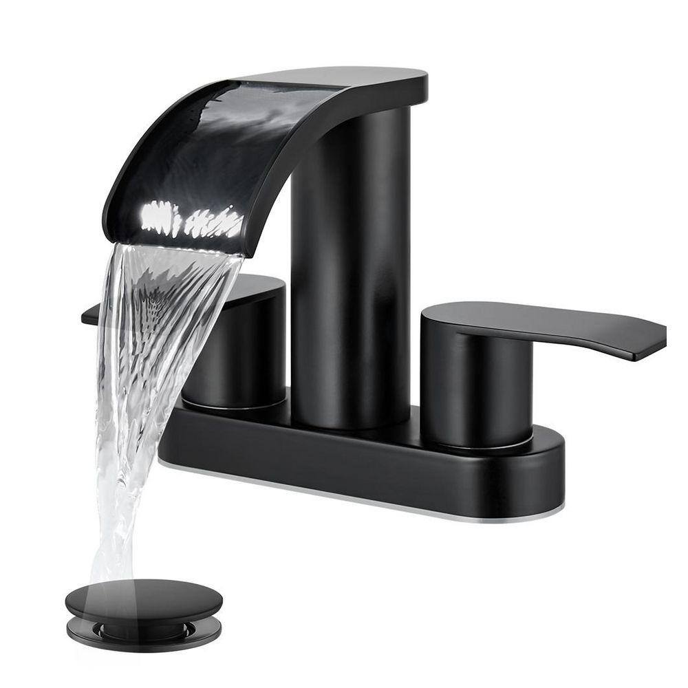 4 in. Centerset Waterfall Double Handle High Arc Bathroom Faucet with Pop Up Drain Vanity Faucet Matte Black price history on PriceWatchPro