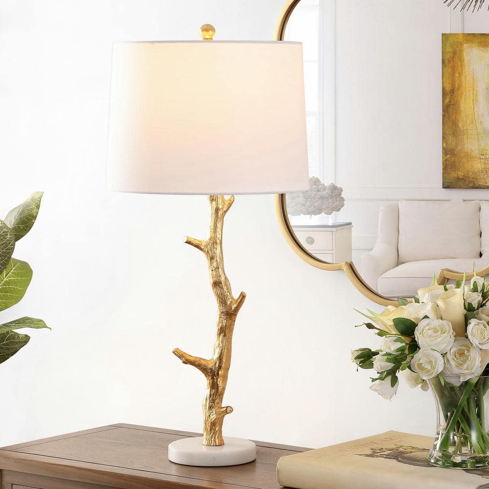 Gold Leaf Tree Branch Table Lamp with White Shade
