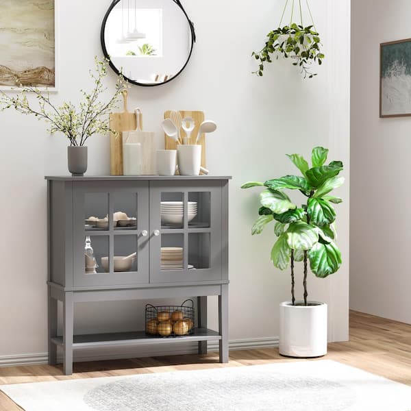 Tileon Gray Coffee Bar Cabinet, Modern Sideboard Buffet Cabinet, Kitchen Cabinet with 2-Glass Doors, Adjustable Inner Shelving