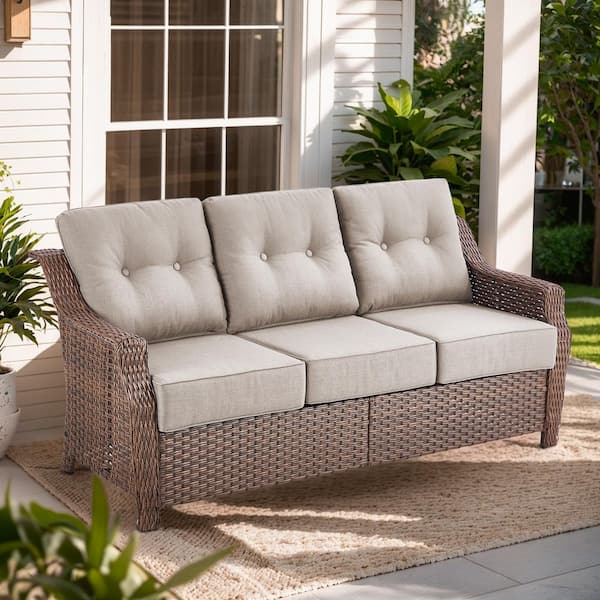 Artisan Brown Wicker Outdoor 3-Seat Couch with High Curved Back and 6 in. Thick Beige Cushions