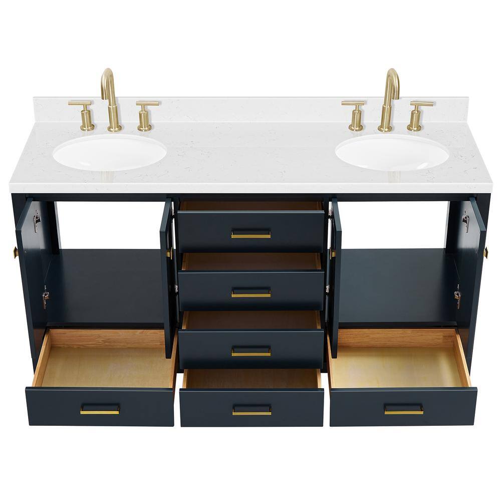 Midnight Blue Wood Freestanding Double Vanity with White Quartz Top