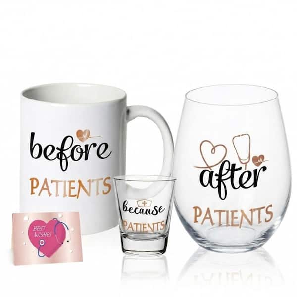 Rose Gold Printed Glass 3-Piece Mug, Stemless Wine Glass, and Shot Glass Humor Gift Set with Gift Box