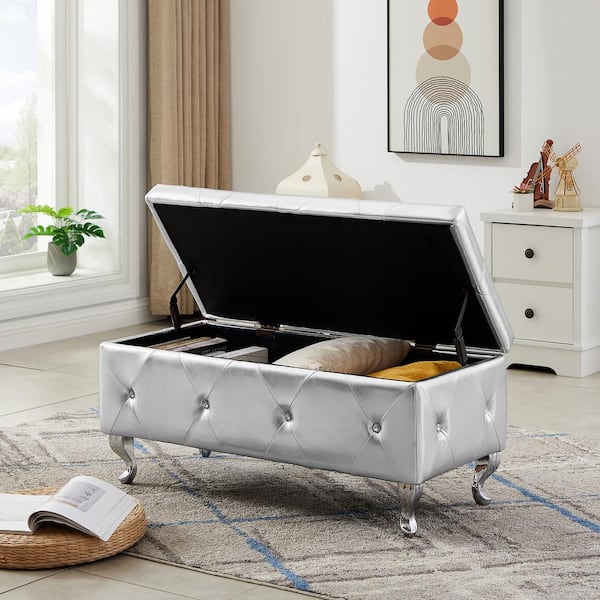 IDEAGLE Silver Dining Bench 38 in., Storage Chest with Padded Seat