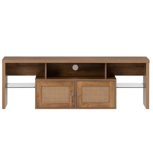 URTR 59 in. Yellow Wood TV cabinet TV Console table with Doors, Removable Glass shelves and LED light Fits TV's up to 60 in.