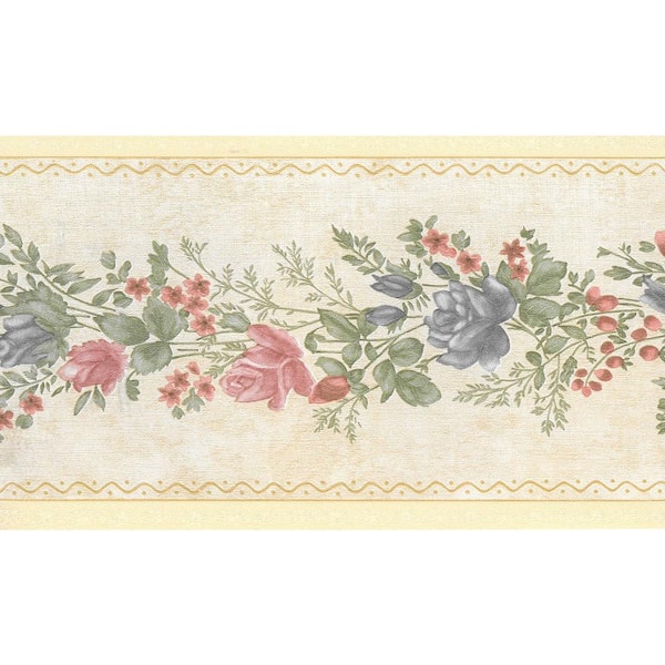 Dundee Deco Falkirk Brin Blooming Roses On Vine Pink, Red, Blue Wallpaper Border