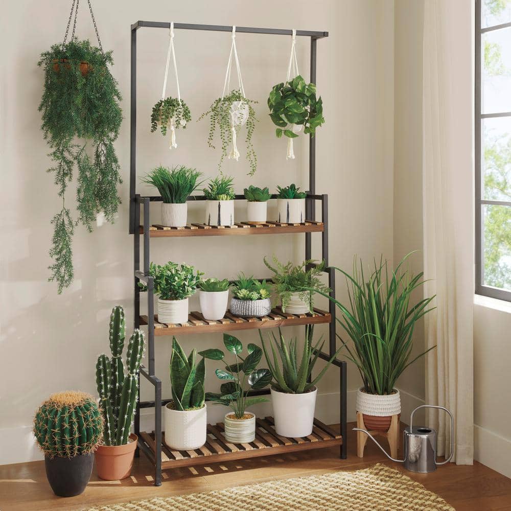 White Ceramic Macrame Hanging Planter with Faux Green Succulent