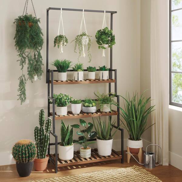 Vigoro - 8 in. Shevlin Small White Ceramic Planter (8.3 in. D x 11 in. H) With Wood Stand