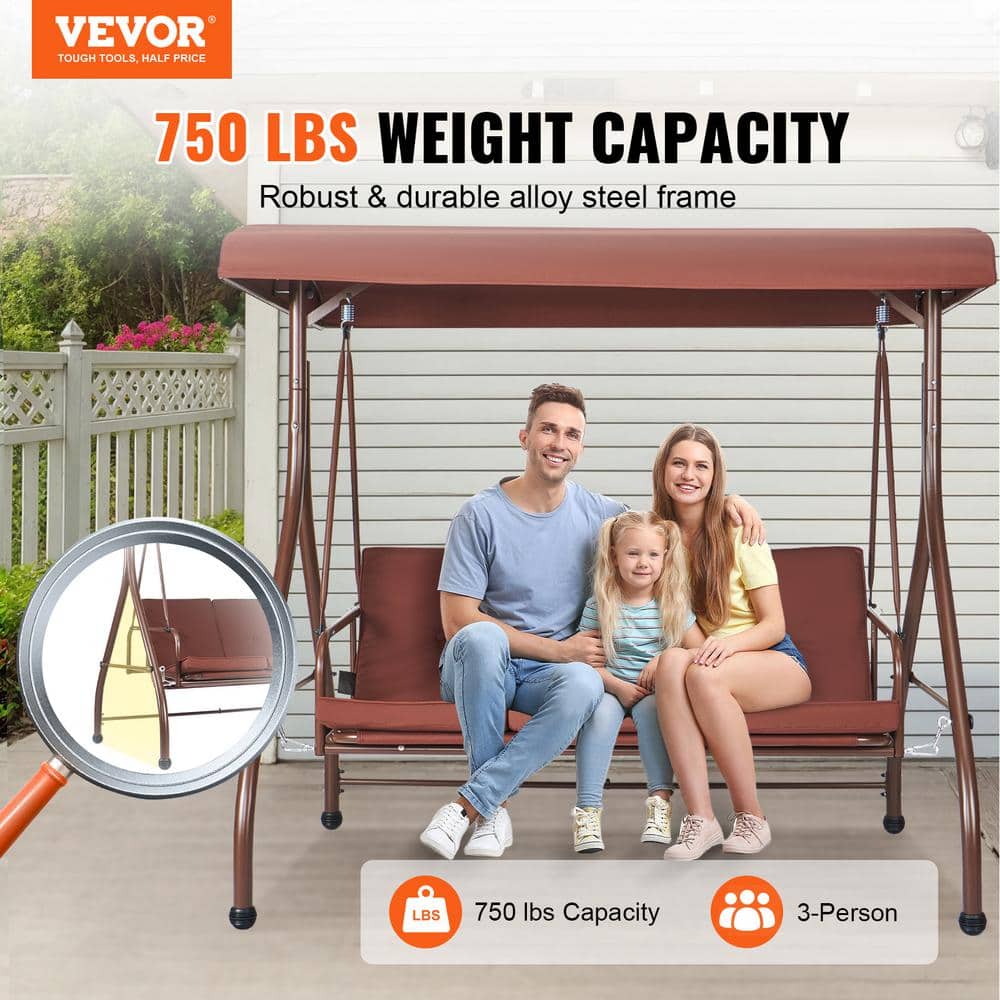 Brown Alloy Steel 3-Seat Patio Swing Chair with Adjustable Canopy