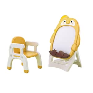 2-Piece Plastic Top Yellow Children's Indoor Cartoon Penguin Magnetic Graffiti Board Learning Table and Chair Set