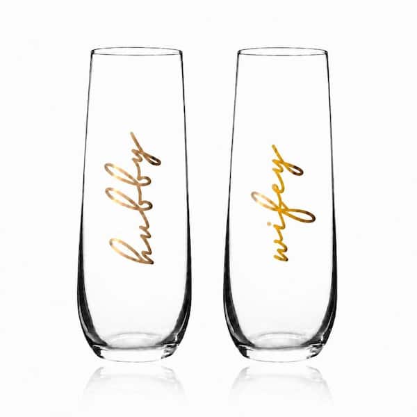 Hubby and Wifey 24K Gold-Lettered Crystal Stemless Champagne Flutes Wedding Toasting Set (Set of 2)