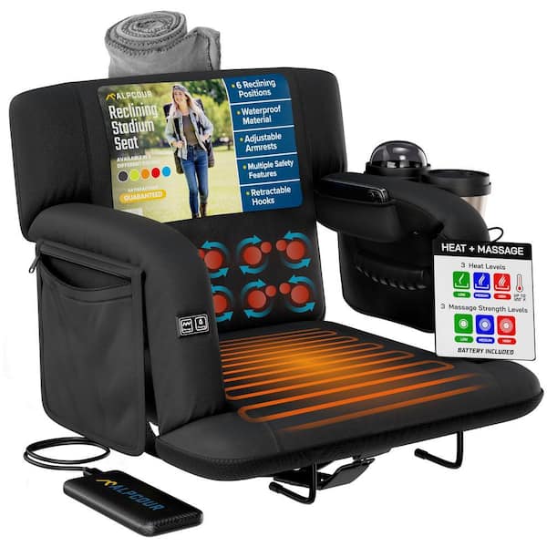 Premium Heated Massage Reclining Stadium Seat 21 in. Wide Bleacher Chair w/ Back Support Cushion Armrests & Side Pockets