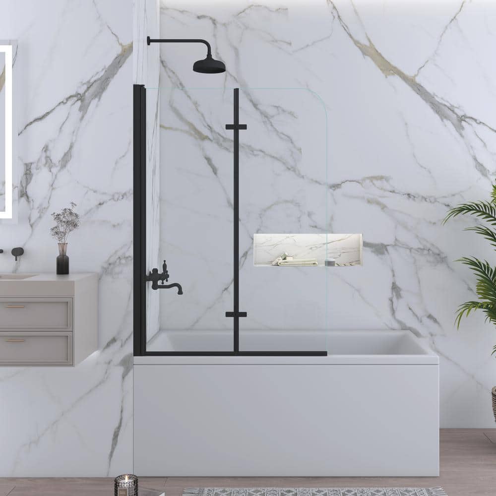 Matte Black Frameless Pivot Tub Door with Clear Tempered Glass