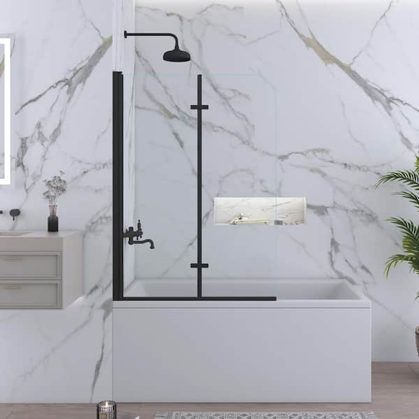 39 in. W x 55 in. H Pivot Tub Door in Matte Black with Clear Tempered Glass