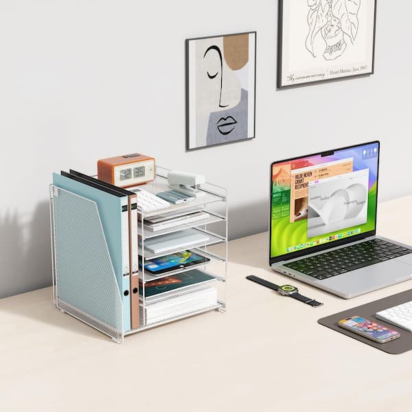 12.4 in. x 11.8 in. Desk Organizers and Accessories, 6-Tier Paper Organizer with File Holder, Document Organizer, white