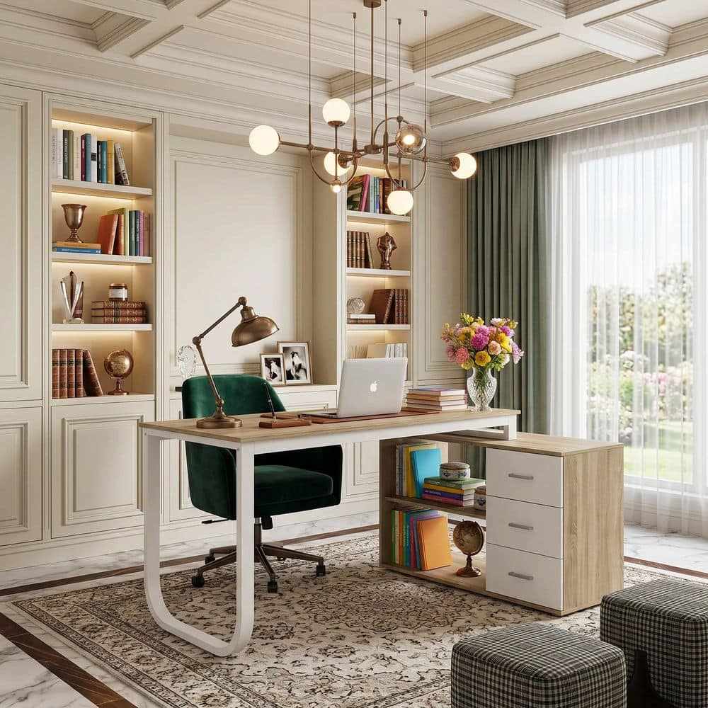 FUFU&GAGA 55.1 in. L Shaped Oak and White Wood with 3-Drawer