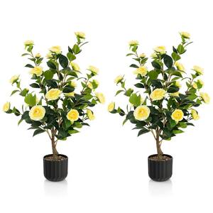 (2-Pack) 38 in. Yellow Artificial Camellia Tree Topiary Faux Floral Plant Fake Tree for Decoration in Pot