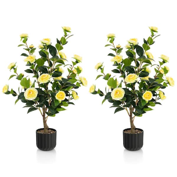 Gymax (2-Pack) 38 in. Yellow Artificial Camellia Tree Topiary Faux Floral Plant Fake Tree for Decoration in Pot