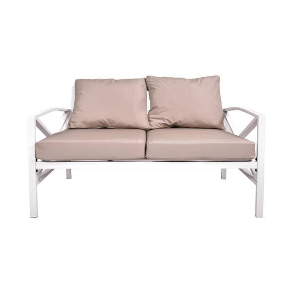 Unbranded Metal Outdoor Loveseat with Beige Cushions