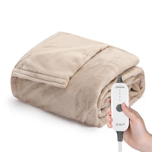 50 in. x 72 in. Ultimate Cozy Nordic Velvet Heated Throw Hand and Foot Pocket Electric Blanket, Stone Buff