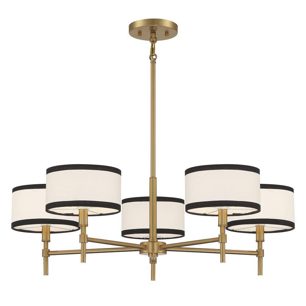 Meridian Classic 5-Light Chandelier in Natural Brass with Two-Tone Drum Shades
