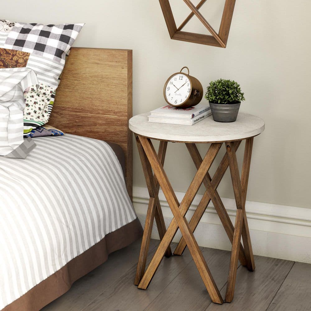 Round Distressed White and Natural Wood Pedestal End Table