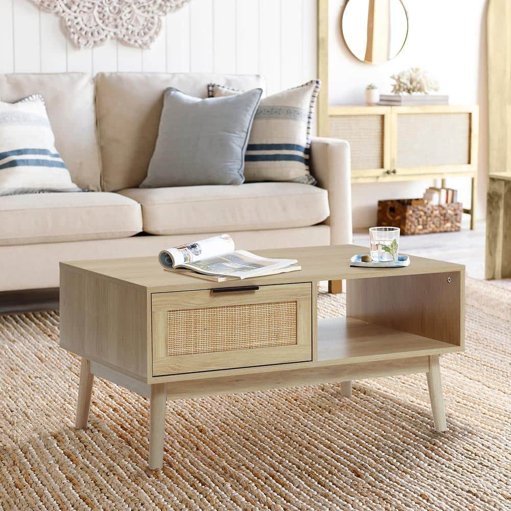 White Oak Finish Rectangular Wood Coffee Table with Storage