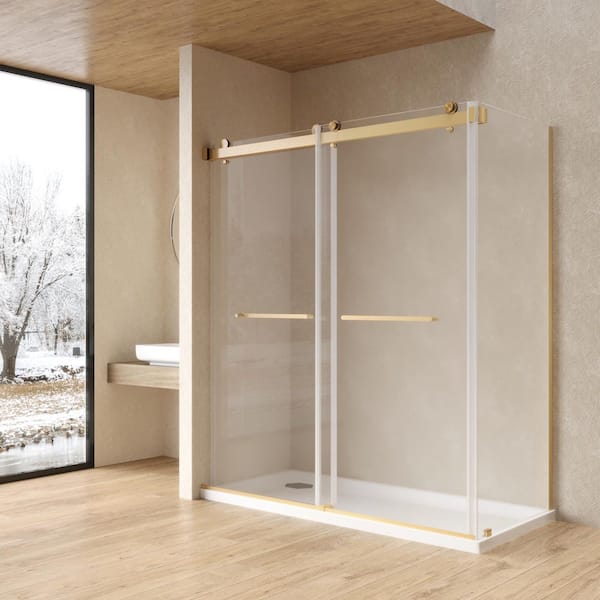 60 in. W x 72 in. H x 32 in. D Double Sliding Frameless Corner Shower Enclosure in Brushed Gold w/ Clear Tempered Glass