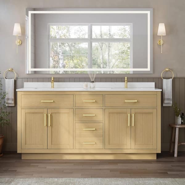 Beckett TK 72 in. Double Freestanding Rift Oak with Brushed Gold Trim Bath Vanity with Giotto Quartz Top