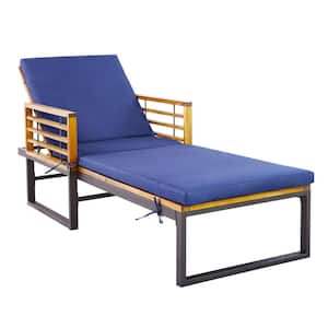 Wood Outdoor Chaise Lounge Chair Adjustable Reclining Lounger with Navy Cushions 800 lbs.