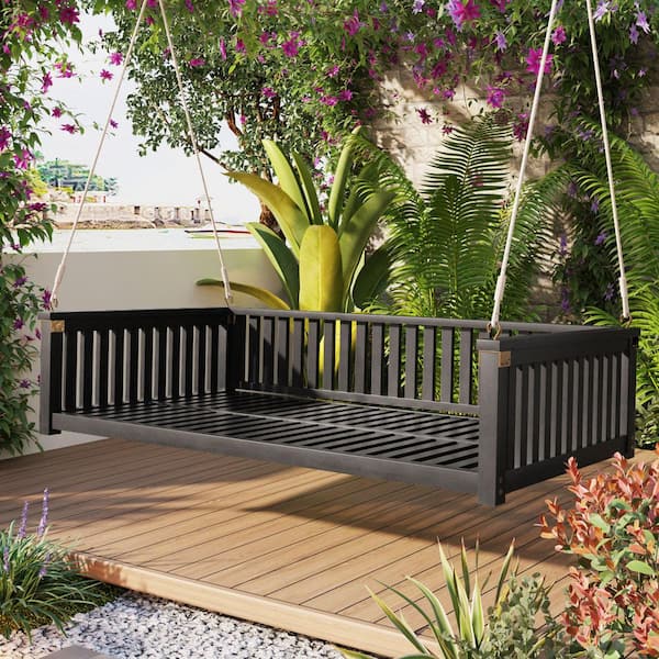 Polibi 2-Person Black Wood Porch Swing with Ropes for Backyard, Safe Sloped Design