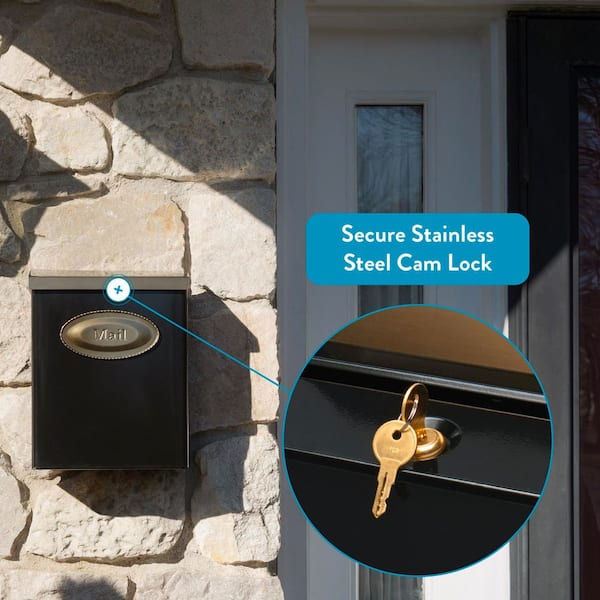 Designer Black with Brushed Brass, Medium, Steel, Locking, Wall Mount Mailbox