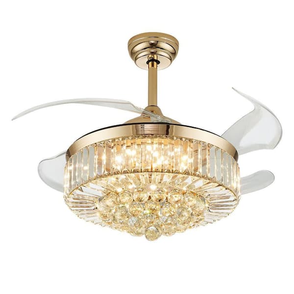 48 in. Modern Smart Indoor Gold Retractable Crystal Ceiling Fan with light and Remote, Chandelier Ceiling fan