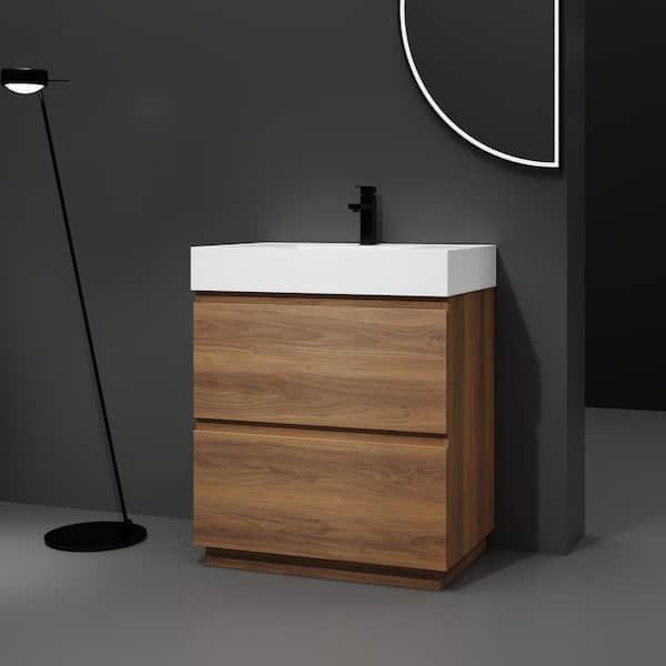 30 in. Single Sink Freestanding Brown Bath Vanity with White Resin Top, Bevel Handle, Drawer Slide Rail