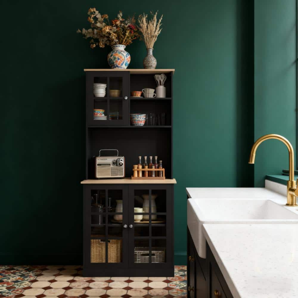 Freestanding Cabinet,Kitchen Pantry Storage Cabinet,Large Countertop, Glass Doors and Adjustable Shelves for Dining Room price history on PriceWatchPro