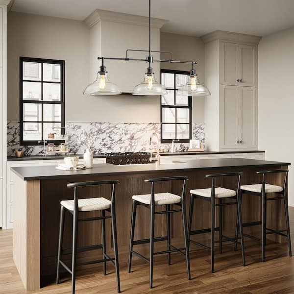Amandev 3-Light Black Industrial Modern Linear Hat-Shaped Dome Clear Glass Pendant Light