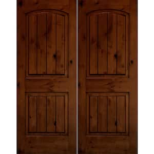 60 in. x 96 in. Rustic Knotty Alder Arch Top Red Chestnut Stain/V-Groove Left-Hand Wood Double Prehung Front Door