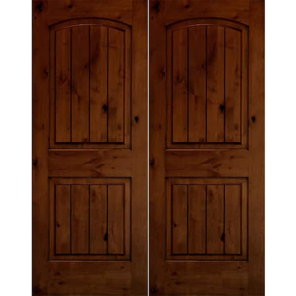 Krosswood Doors 72 in. x 80 in. Rustic Knotty Alder Arch Top Red Chestnut Stain/V-Groove Left-Hand Wood Double Prehung Front Door