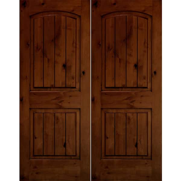 Krosswood Doors 72 in. x 96 in. Rustic Knotty Alder Arch Top Red Chestnut Stain/V-Groove Right-Hand Wood Double Prehung Front Door
