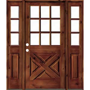 64 in. x 80 in. Alder 2 Panel Right-Hand/Inswing Clear Glass Red Chestnut Stain Wood Prehung Front Door w/Sidelites