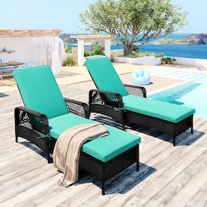 Wicker Outdoor Lounge Chair Sun Lounger Adjustable Backrest with Cushion in Green (2 set)